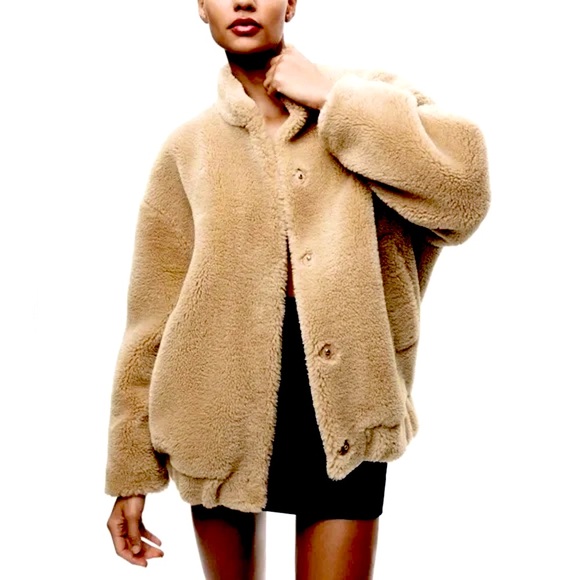 Zara Faux Shearling Light Brown Bomber Jacket Coat - Picture 1 of 8